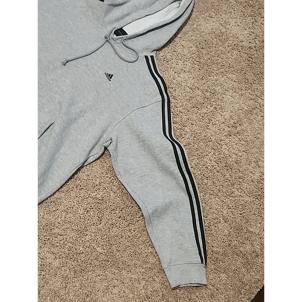 Vintage Adidas‎ Men's Large Hoodie Pullover Gray Striped Sleeves - Excellent